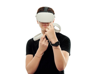Man, guy uses virtual reality glasses. isolate.