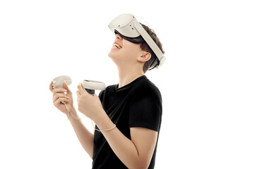 portrait of asian man wearing virtual reality goggle.