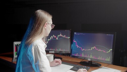 A rear view of a girl sitting at a computer and looking at an online stock market chart showing bitcoin currencies. In real time. Cryptocurrency. Investors