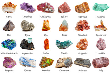 beautiful collection of geological minerals on a white background