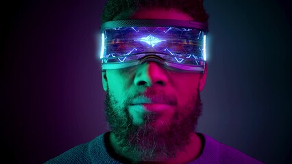 Metahuman. Young African American black man using virtual or augmented reality glasses. High AR technologies in entertainment and education. Neon background. 3d Animation. 4K. 