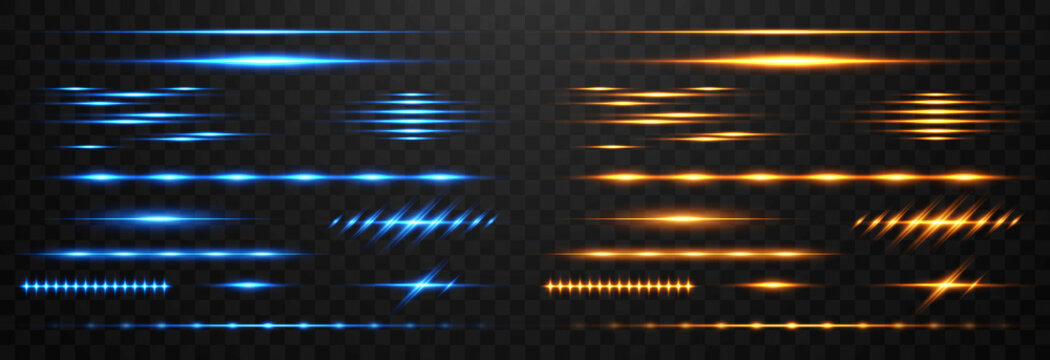 Golden and blue glowing lines set, horizontal light rays. Vector neon light effects. UI design element. Magic glow, line light, golden light png. Laser beams. Glowing streaks on dark png background.