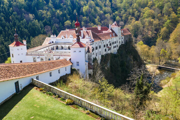 Old beautiful castle in Austria. Herberstein Castle in Europe in the mountains.