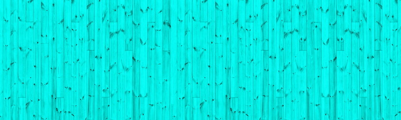 Bright turquoise old knotted wooden boards wide texture. Light teal colored wood planks. Long panoramic rustic background