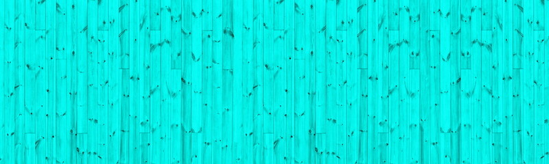 Bright turquoise old knotted wooden boards wide texture. Light teal colored wood planks. Long panoramic rustic background