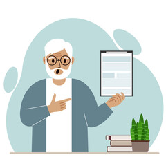 Screaming grandfather with open mouth holding a clipboard with a document and points his finger at it. Vector