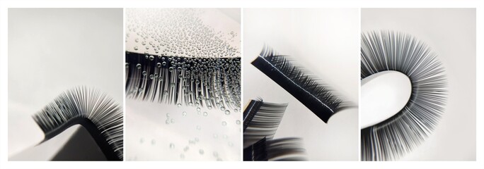 set of macro photographs with ribbons of artificial eyelashes for extension. Artificial synthetic material for beauty treatments. A selection of photos for the advertising content of the lash maker