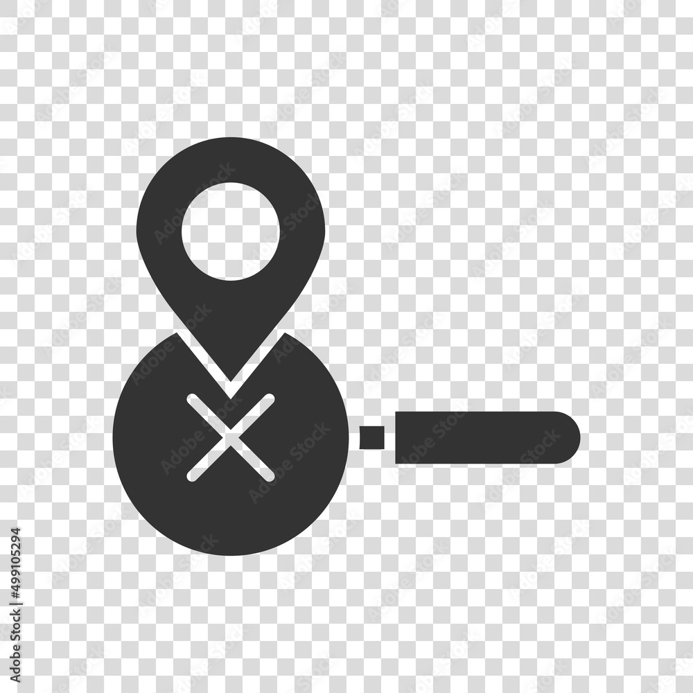 Poster map pin with magnifier icon in flat style. gps navigation vector illustration on white isolated back