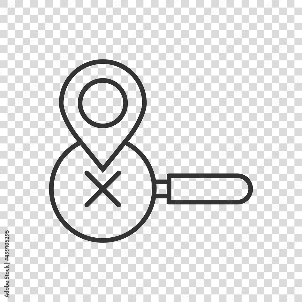 Poster map pin with magnifier icon in flat style. gps navigation vector illustration on white isolated back