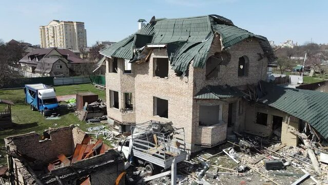 KYIV REGION, UKRAINE 01.04.2022 Irpin, Bucha, Dmitrivka. Atrocities of the russian army in the suburbs of Kyiv. Irpin. Houses of civilians destroyed by russian tanks. russia's war against Ukraine