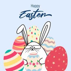 Vector illustration concept of Happy Easter greeting with easter eggs on beautiful bokeh background.