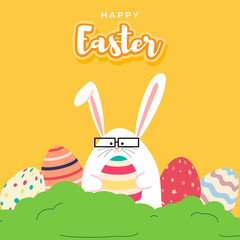 Vector illustration concept of Happy Easter greeting with easter eggs on beautiful bokeh background.