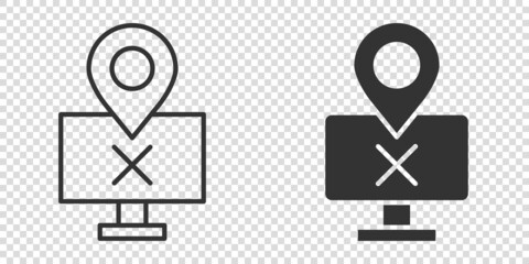 Computer navigation icon in flat style. Monitor pin gps vector illustration on white isolated background. City area location business concept.