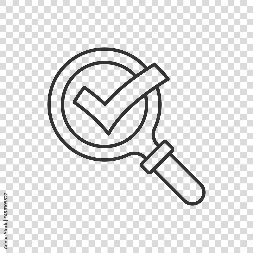Poster check mark with magnifying glass icon in flat style. loupe accept vector illustration on white isola