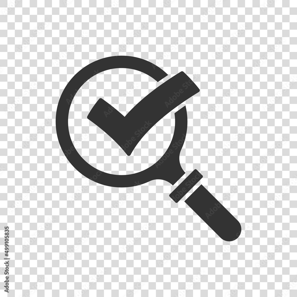 Poster check mark with magnifying glass icon in flat style. loupe accept vector illustration on white isola
