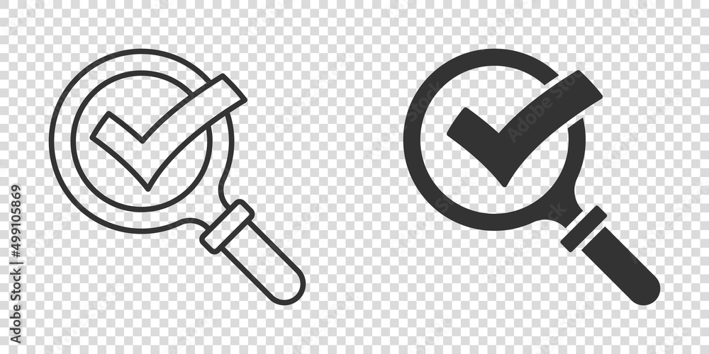 Poster check mark with magnifying glass icon in flat style. loupe accept vector illustration on white isola