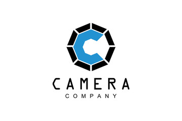Shutter aperture camera lens logo design with initial Letter C