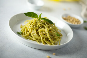 Traditional spaghetti with pesto sauce