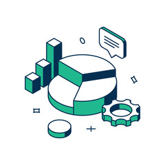 Company statistic development strategy analyzing chart report marketing optimization 3d icon isometric vector illustration. Management information research analytics process with graphic gear © Виктория Суханова