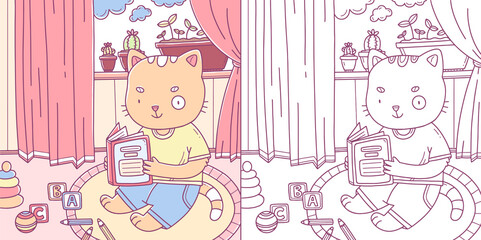 Children's coloring book with a sample with a cute kitten reading a book on the floor. Coloring book with a kitten. Illustration of design coloring pages.