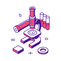Medical scientific research innovation discovery laboratory biotechnology with microscope 3d icon isometric vector illustration. Chemistry dna molecule chromosome chemistry engineering experiment