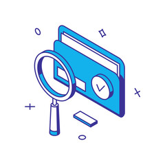 Digital data analyzing document folder business profit result with magnifying glass 3d icon isometric vector illustration. Checking financial datum marketing optimization strategy searching report