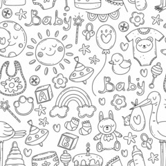 Black and white seamless pattern with doodle elements on the theme of the birth of a child. Baby print with cute elements.