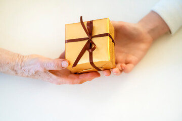 Female hands hold and give a nice packed gift.