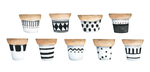 Flower Pots. Isolated on white background. Watercolor illustration.