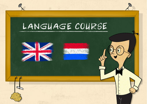Lehrer steht lächelnd mit erhobenem Zeigefinger vor einer grünen Schultafel auf der "Language Course" steht und eine britische und niederländische Flagge gemalt sind. 