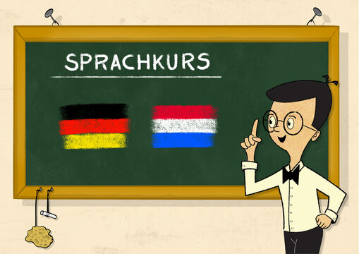 Lehrer steht lächelnd mit erhobenem Zeigefinger vor einer grünen Schultafel auf der "Sprachkurs" steht und eine deutsche und niederländische Flagge gemalt sind. 