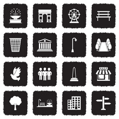 Town Square Icons. Grunge Black Flat Design. Vector Illustration.