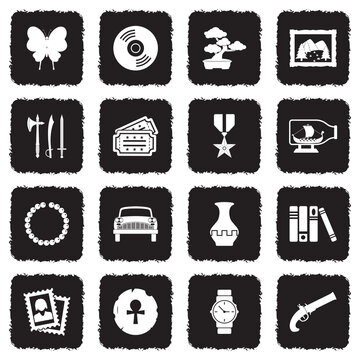 Collecting And Hobby Icons. Grunge Black Flat Design. Vector Illustration.