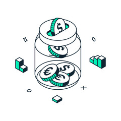 Business investment, banking bill, deposit, money storage piggy bank jar with currency coins isometric vector illustration. Finance economic analytics, funds, donation charity, retirement save invest