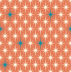 Blue, cream and orange Mid-century 1950s modern starburst pattern.