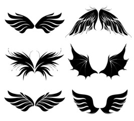 Set of six vector black wings. Different level of specification. Vector illustration for icon, mascot, emblem, award, insignia, icon, design element