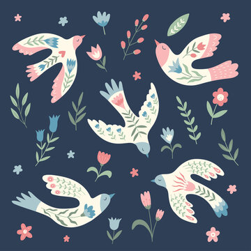 Big collection of vector birds, flowers, leaves, berries  in folklore style. Doves of peace. Doodle illustrations with stylized decorative floral elements. Good for posters, t shirts, postcards.