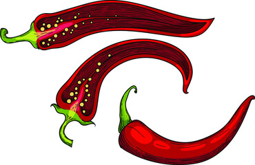 Half and whole pepper chilli , mexican food, spicy ripe red, half pod, top view