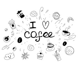 set of doodles with coffee, lettering 