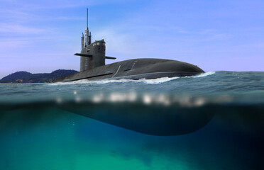 Naval submarine floating and half submerged in shallow water - obrazy, fototapety, plakaty