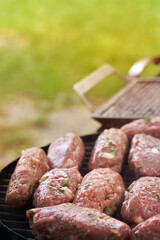 Raw minced cutlet, ground beef, lamb. Grilled kebab cutlets. Green grass background Top view. copy space