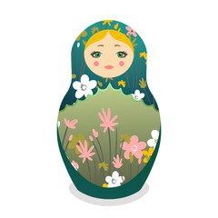Russian Matryoshka. Traditional Russian folklore dolls with big eyes and lips. Babushka doll with hohloma, traditional painted floral pattern. Hand drawn vector illustration