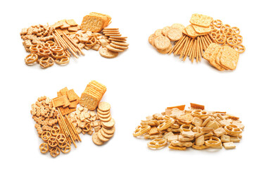 Set of tasty different crackers isolated on white