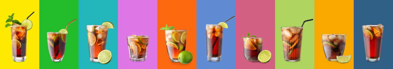 Set of tasty Cuba Libre cocktails on colorful background