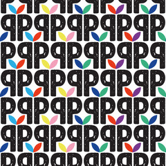 Letter P and Q with Leaf Elements Decorative Vector Seamless Pattern