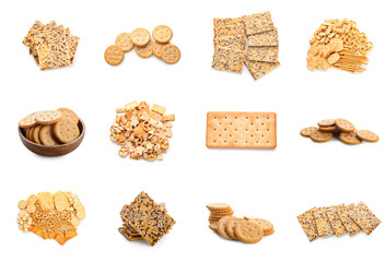 Set of tasty different crackers isolated on white