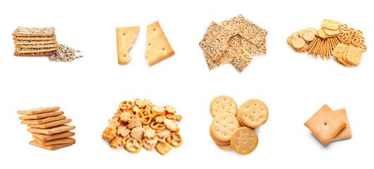 Set of tasty different crackers isolated on white
