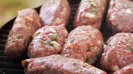 Raw minced cutlet, ground beef, lamb. Grilled kebab cutlets. Green grass background Top view. copy space