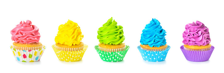 Set of colorful cupcakes isolated on white