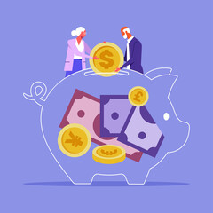 Retirement savings concept, Elder couple collecting coins into pink piggy bank, savings for happy life after retire and financial freedom